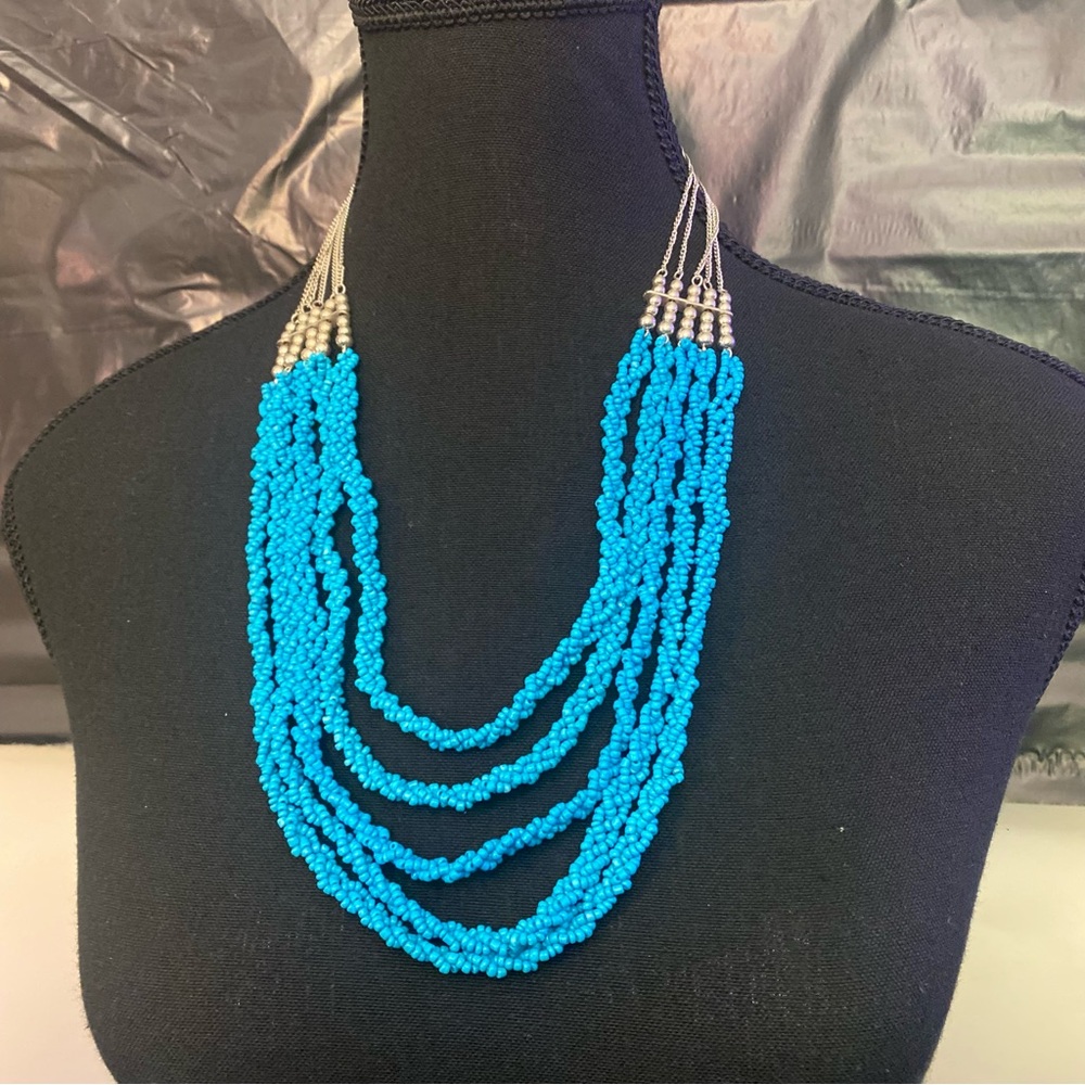 SILVER TONE AND WOVEN TURQUOISE BEADED NECKLACE NWOT